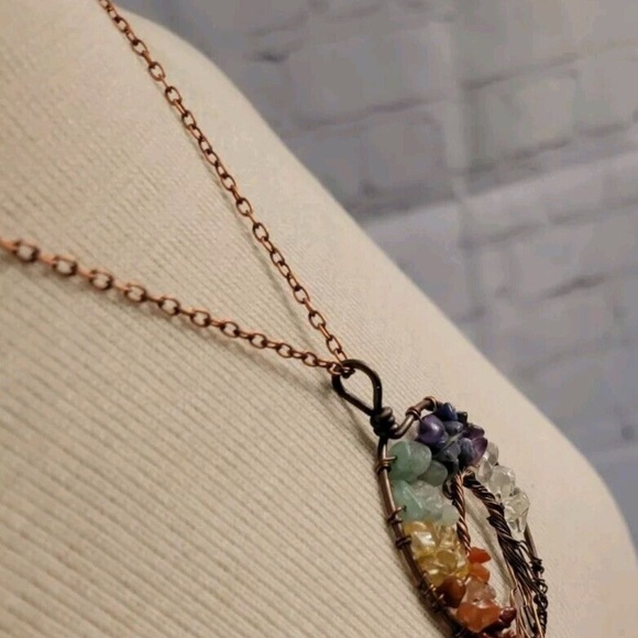 Rainbow Glass Pebbles on Copper Tree Of Life Pendant Necklace OSFA - Picture 3 of 4